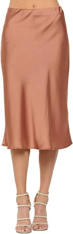 Women Solid High Waist Silky Casual Elastic Satin Midi Skirt -Made in USA (Available in Plus Size)