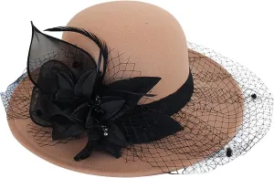 Women's Elegant Flower Wool Cloche Bucket Bowler Hat Women's Wool Fel Flowers Church Bowler Hats Cloche Hat