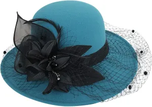 Women's Imitation Wool Fel Flowers Church Bowler Hats Women Solid Color Winter Hat Wool Cloche Bucket with Bow