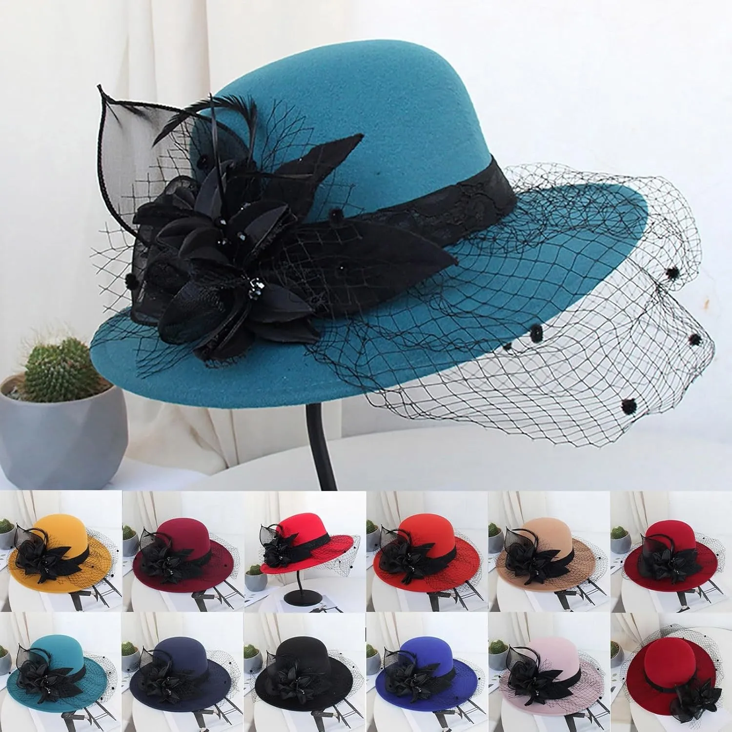 Women's Imitation Wool Fel Flowers Church Bowler Hats Women Solid Color Winter Hat Wool Cloche Bucket with Bow