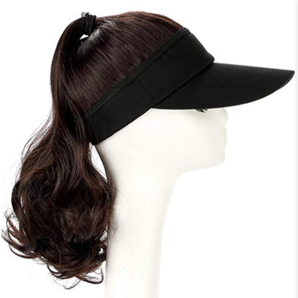YEKEYI Outdoor Wig Hat with Hair Ponytail - Baseball Cap with Wavy Brown Women's Wig (Black)