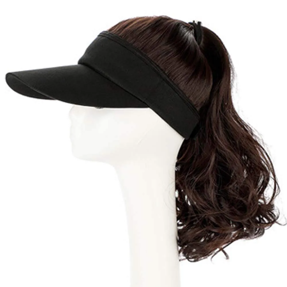 YEKEYI Outdoor Wig Hat with Hair Ponytail - Baseball Cap with Wavy Brown Women's Wig (Black)