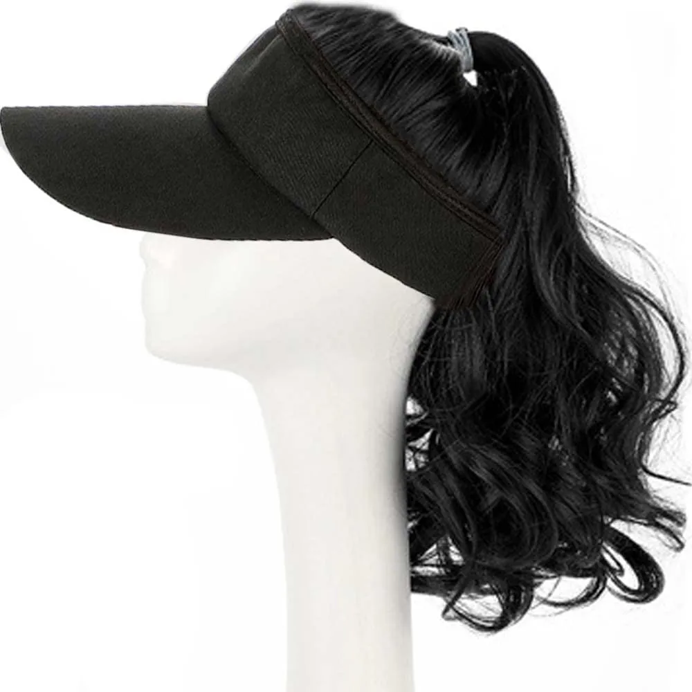 YEKEYI Outdoor Wig Hat with Hair Ponytail - Baseball Cap with Wavy Brown Women's Wig (Black)