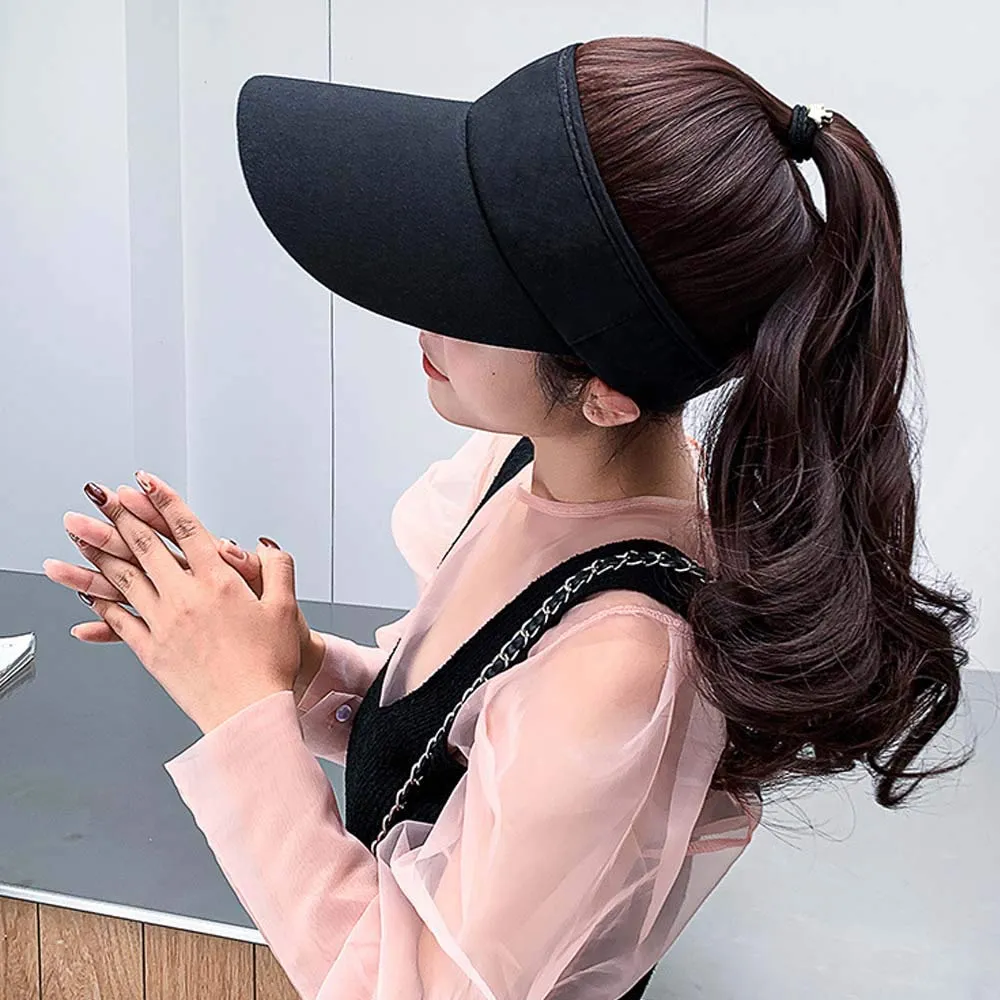 YEKEYI Outdoor Wig Hat with Hair Ponytail - Baseball Cap with Wavy Brown Women's Wig (Black)