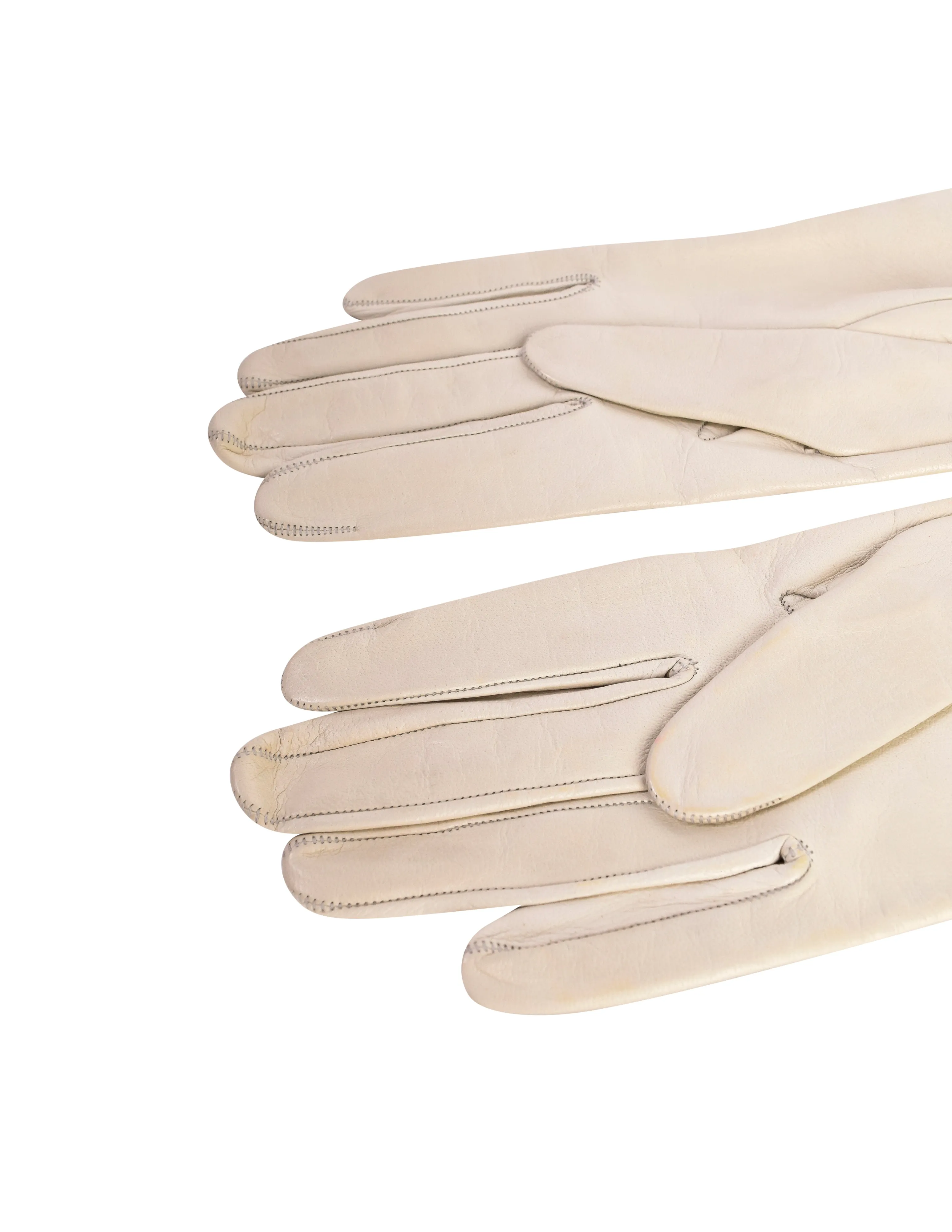 Yves Saint Laurent Vintage 1970s Off White Perforated Scalloped Leather Gloves